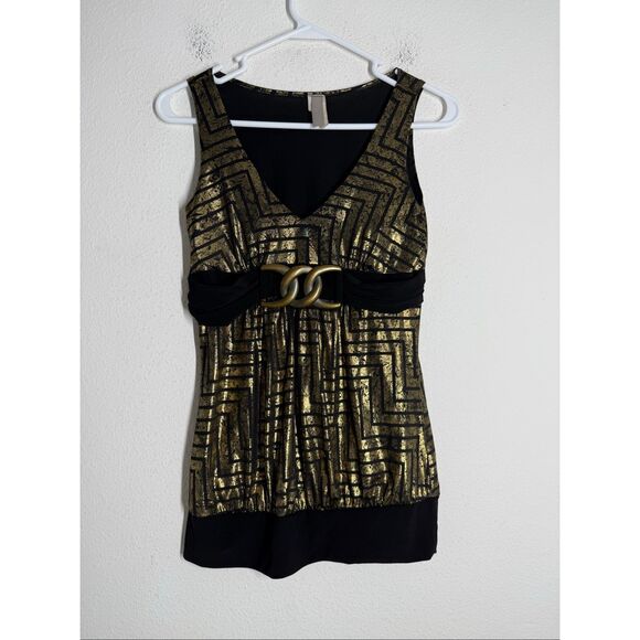 Womens Black & Metallic Gold Dressy Banded Bottom Tank Top Size S See Notes - Picture 1 of 10